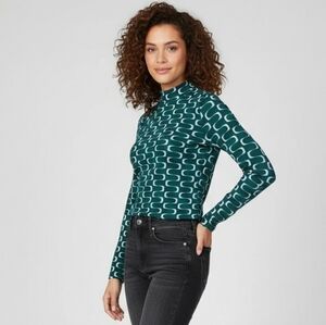 Reformation Bailey High-Neck Stretch-Woven Green Top Abstract Long Sleeve Size M